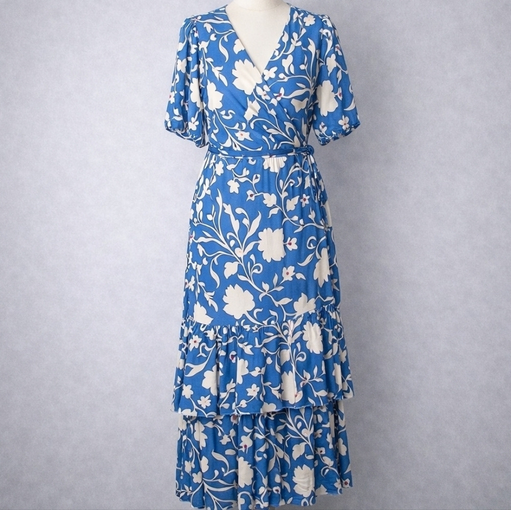 NWT Knox Rose Boho Blue Floral Wrap Midi Dress Puff Sleeve Tiered Skirt Pockets